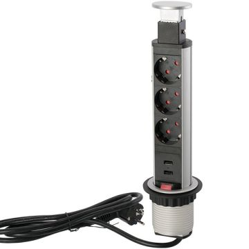 'PopUp'-pistorasia Ø 60 mm 3 x pistorasia 2 x USB hopea